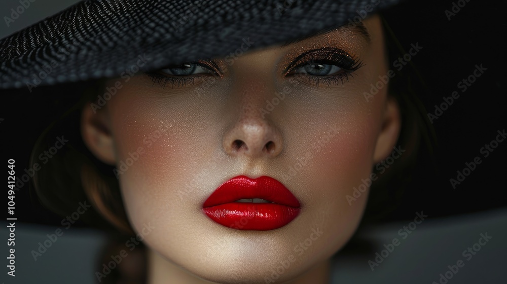 A woman with red lipstick and a black hat looks at the camera. A woman with red lipstick and a black hat looks at the camera.
