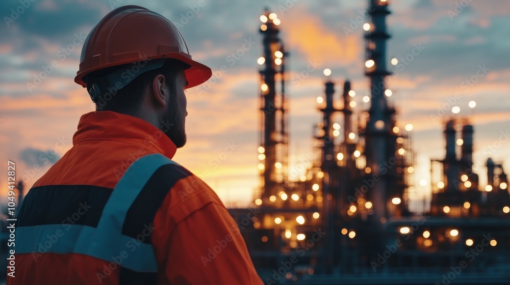A worker in an orange jumpsuit and hard hat stands in front of a large industrial complex at sunset. A worker in an orange jumpsuit and hard hat stands in front of a large industrial complex at sunset.
