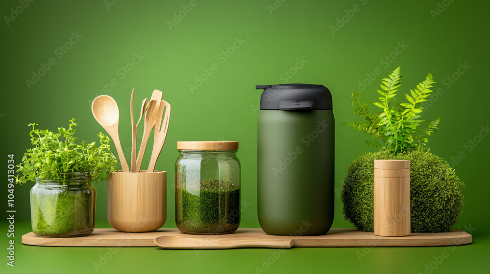 modern minimalist kitchen scene featuring green houseplants, wooden utensils, and sleek container. vibrant green backdrop enhances fresh and natural ambiance modern minimalist kitchen scene featuring green houseplants, wooden utensils, and sleek container. vibrant green backdrop enhances fresh and natural ambiance