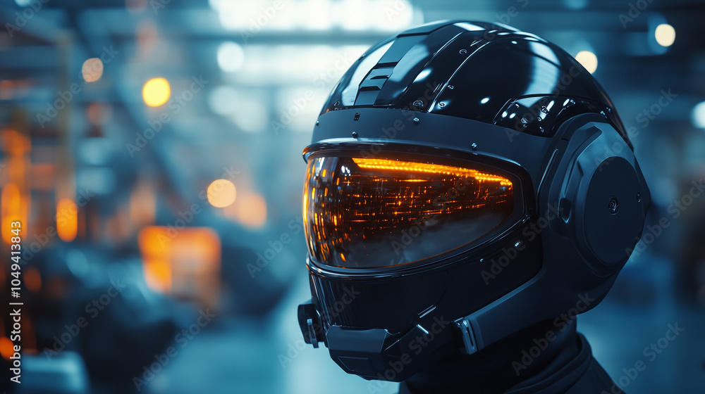 Fototapeta premium A high-tech industrial helmet, matte black, reflective visor, close-up shot with a factory background.