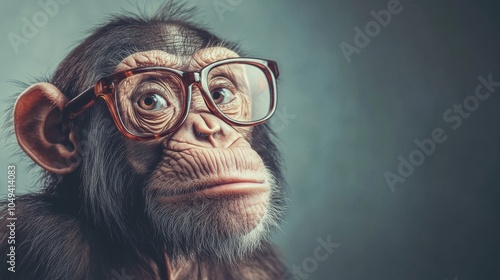 Curious chimpanzee wearing glasses looking intently