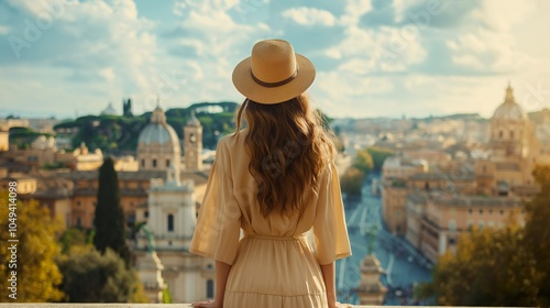 Fototapeta Naklejka Na Ścianę i Meble -  Jubilee year Rome tourism concept. Blonde woman wearing hat standing on the balcony and looking at Rome city view. 