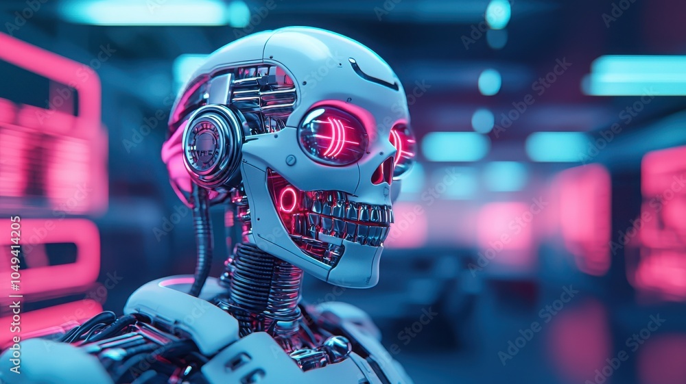Close-up of a futuristic robot with glowing eyes and detailed mechanics. Close-up of a futuristic robot with glowing eyes and detailed mechanics.
