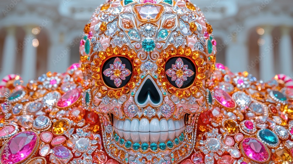 Naklejka premium Colorful decorated skull with vibrant gemstones, artistic cultural representation.