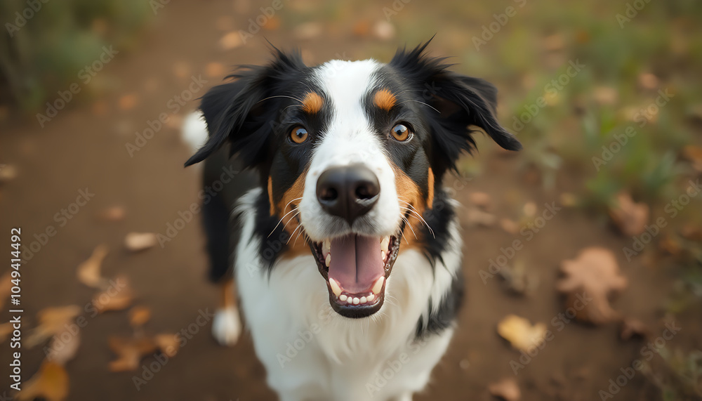 Fototapeta premium Australian Shepherd with happy expression outdoors in sunlight
