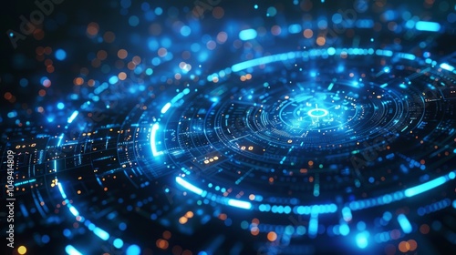 Abstract futuristic blue glowing circles with bokeh lights and technological elements.