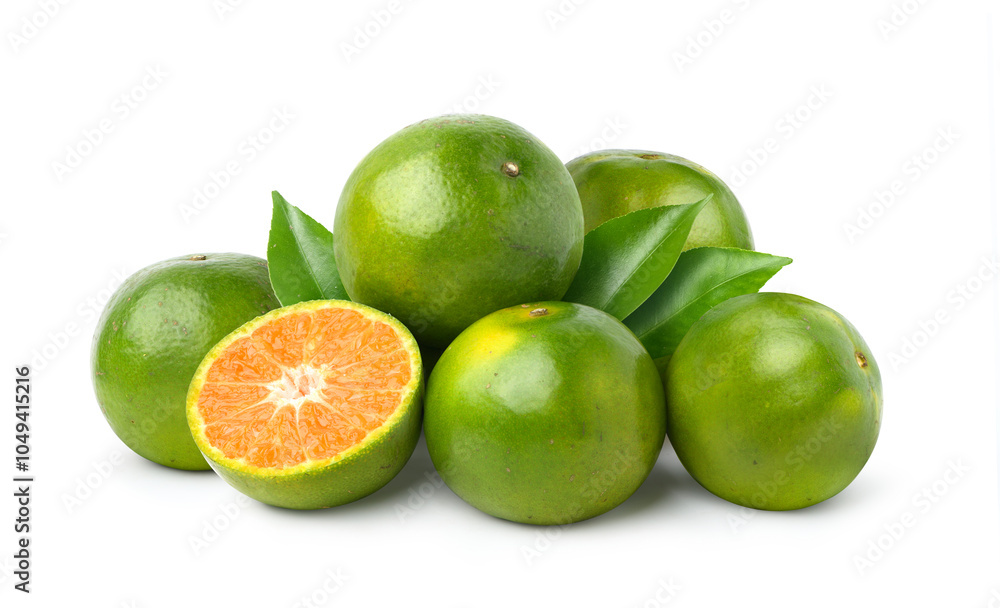 Tangerine orange with cut in half isolated on white background. Tangerine orange with cut in half isolated on white background.