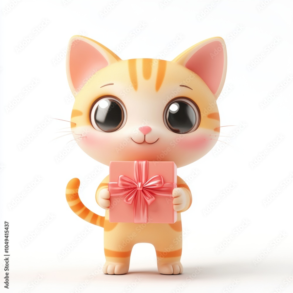 3D rendering cute cat holding a gift box isolated over white background. 3D rendering cute cat holding a gift box isolated over white background.