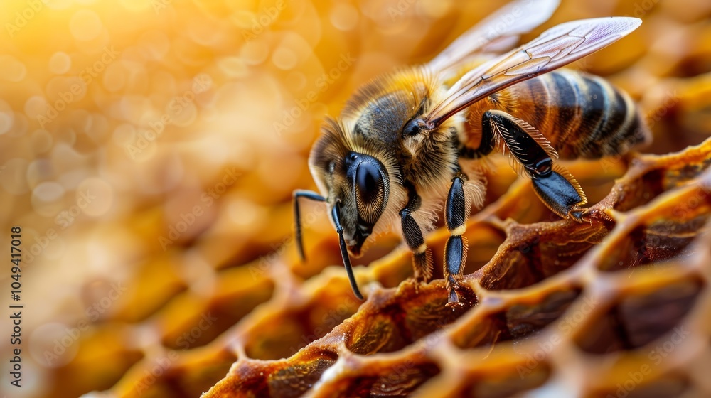 Close-up of a honey bee on a honeycomb, with golden light in the background. Close-up of a honey bee on a honeycomb, with golden light in the background.