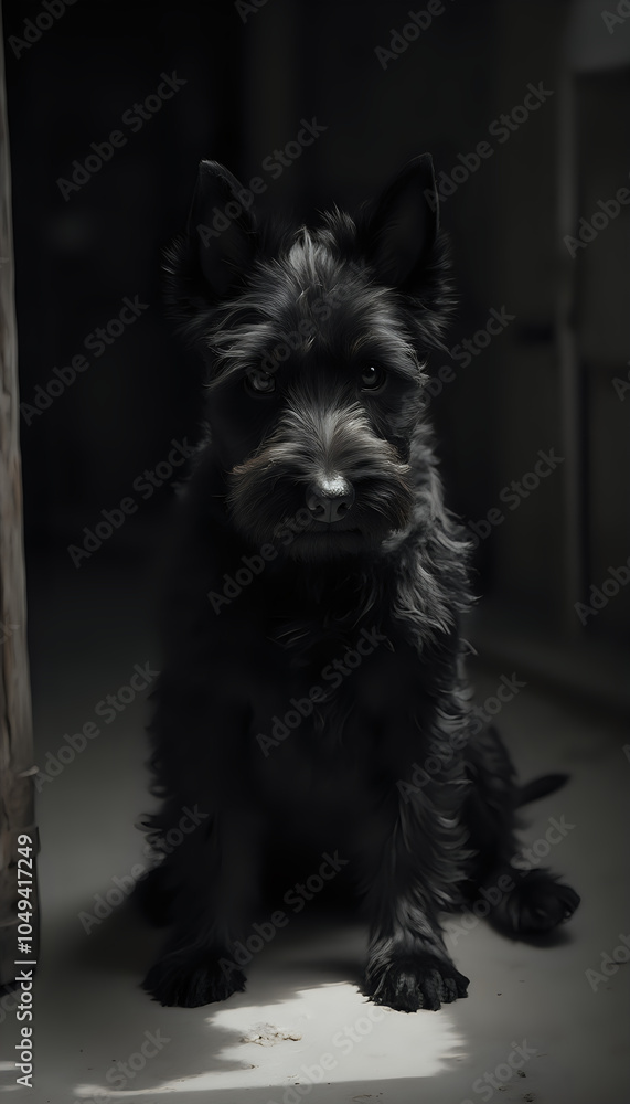 Cairn Terrier standing in dimly lit room, curious expression Cairn Terrier standing in dimly lit room, curious expression