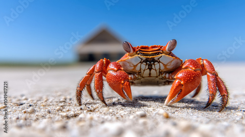 vibrant red crab stands prominently on sandy beach, showcasing its intricate details against clear blue sky. serene background features distant structure, enhancing tranquil coastal scene