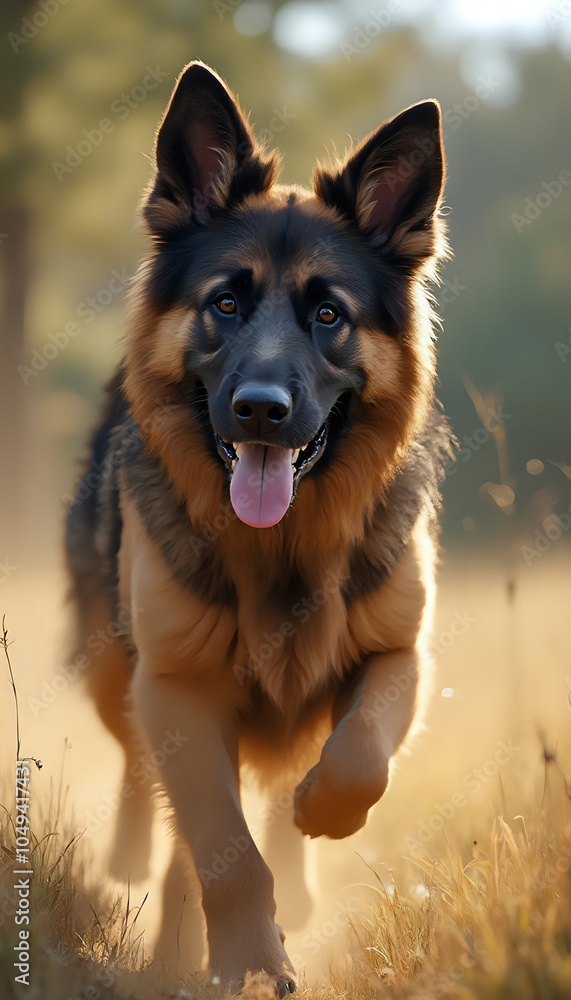 German Shepherd running through golden field, joyful and free German Shepherd running through golden field, joyful and free