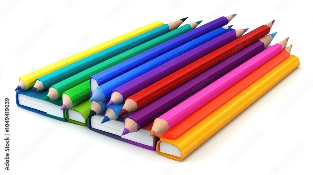 Fototapeta premium A colorful arrangement of pencils beside stacked books, ideal for study or creativity.