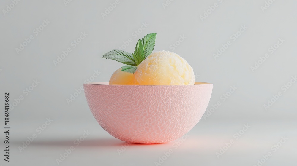 Creamy Sorbet in Pink Bowl with Mint Garnish Creamy Sorbet in Pink Bowl with Mint Garnish