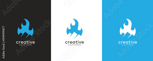 Abstract blue flame with mount vector logo design template 
