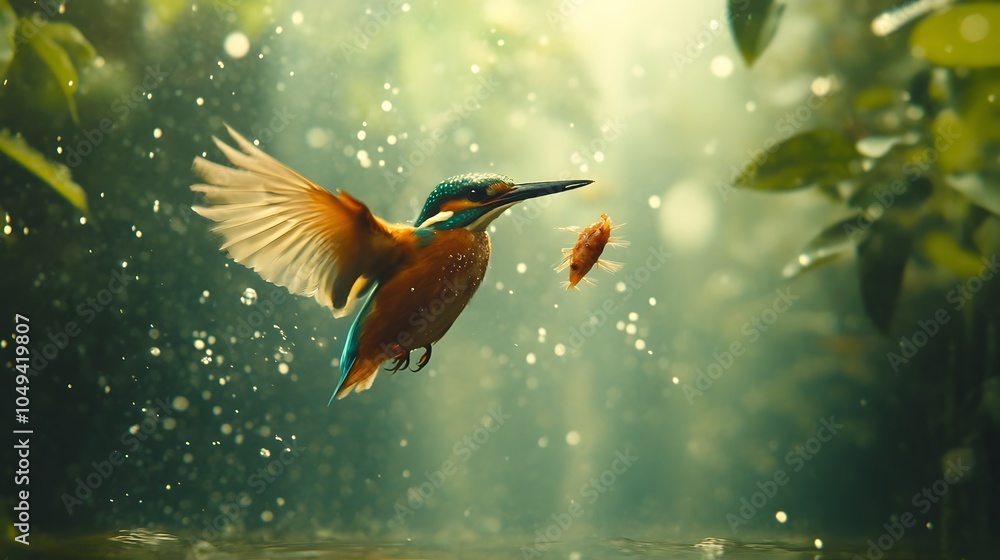 Fototapeta premium A vibrant kingfisher in flight, capturing a fish in a misty, magical setting.