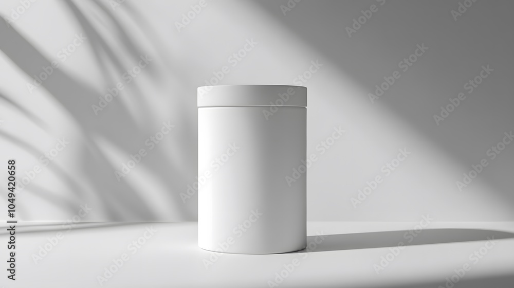 Blank mockup template of a packaging label on a cylindrical plastic jar, with minimalist design and soft natural light.