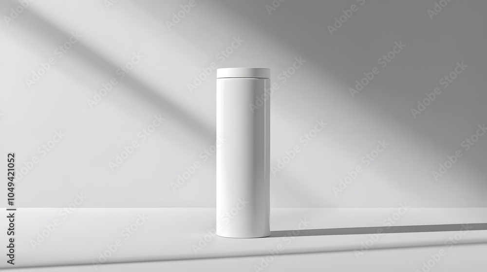 Blank mockup template of a packaging label on a tall cylindrical container with glossy texture and soft shadows. Blank mockup template of a packaging label on a tall cylindrical container with glossy texture and soft shadows.