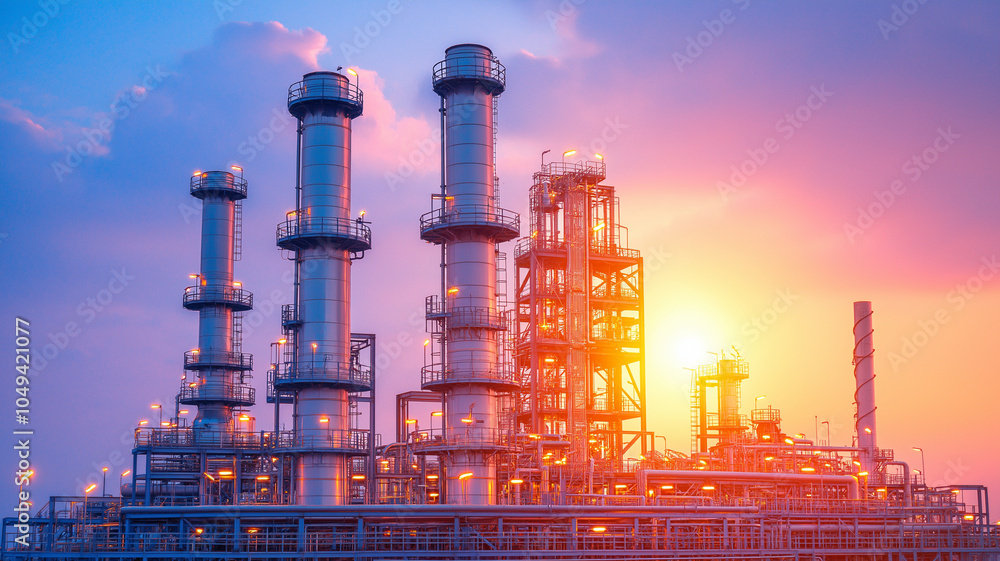 Obraz premium Industrial plant, oil refinery, sunset, smoke stacks, energy production