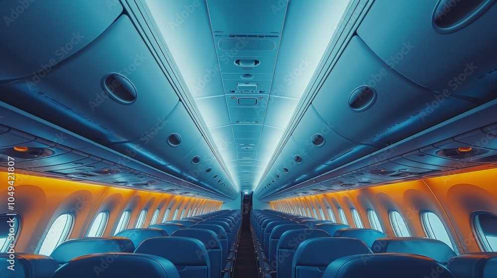 Fototapeta premium Empty airplane cabin with blue and orange light.