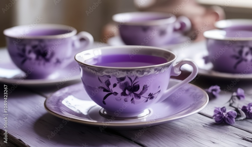 purple tea cups and saucers with purple flowers on a wooden table purple tea cups and saucers with purple flowers on a wooden table