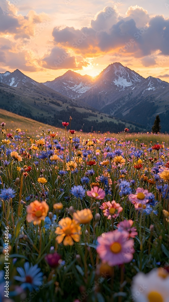 Fototapeta premium A vibrant landscape showcasing a colorful field of wildflowers in full bloom with mountains in the background and a stunning sunset casting golden light.