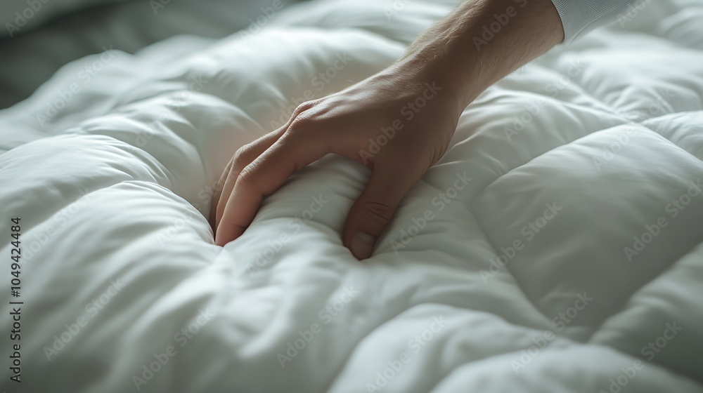 Closeup of woman's hands on white bedding. Closeup of woman's hands on white bedding.