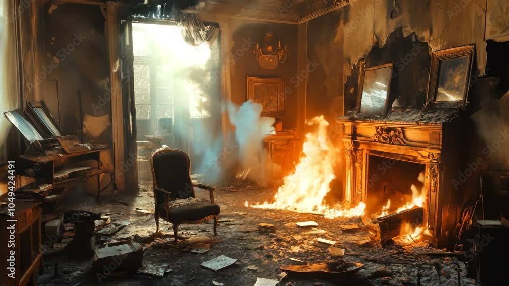 A Chaotic Scene Depicting an Abandoned Room Engulfed in a Raging Fire Amidst Widespread Destruction and Devastation