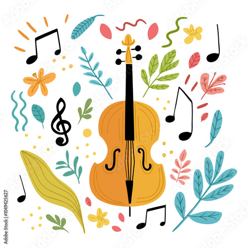 Decorative Cello Illustration with Musical Notes and Leaves