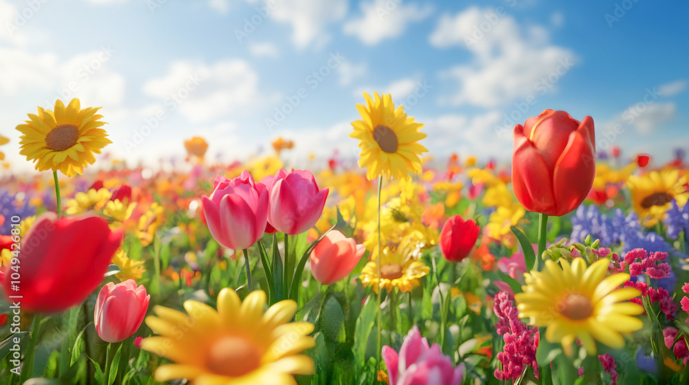 Fototapeta premium Vibrant and colorful flower field under a bright blue sky filled with sunlight and beautiful blooms