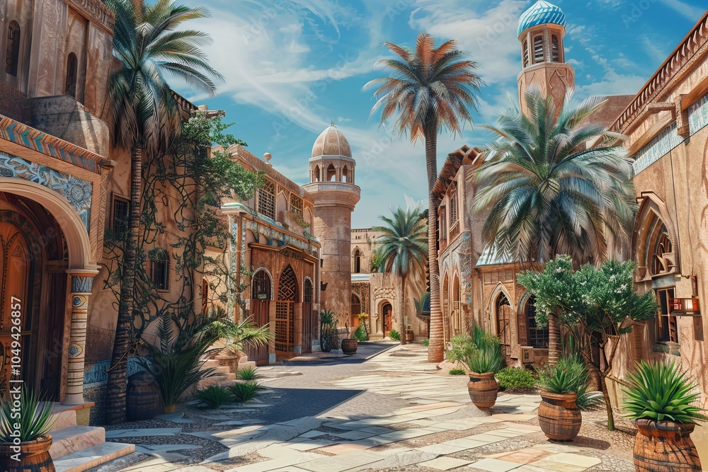 Fototapeta premium 3D rendering showcasing the historic architecture of an ancient Middle Eastern city, highlighting