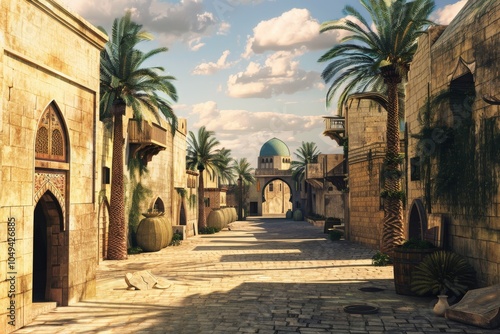 3D rendering showcasing the historic architecture of an ancient Middle Eastern city, highlighting