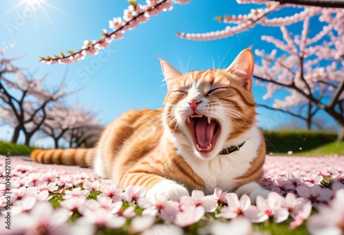 A cat lying down and yawning