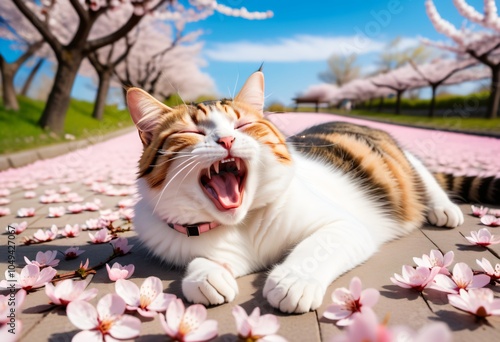 A cat lying down and yawning