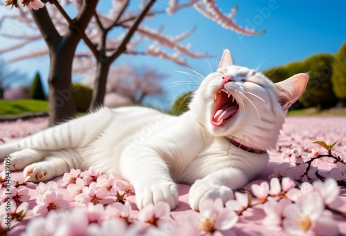 A cat lying down and yawning