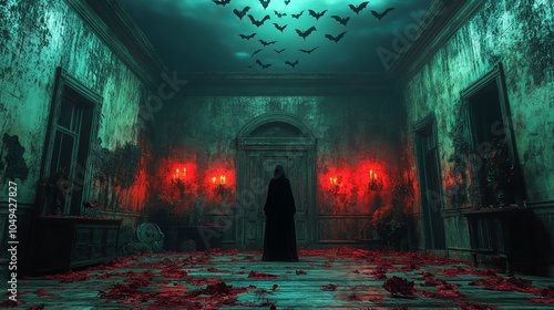 A dark, eerie room filled with roses, shadows, and bats, evoking a haunting atmosphere.