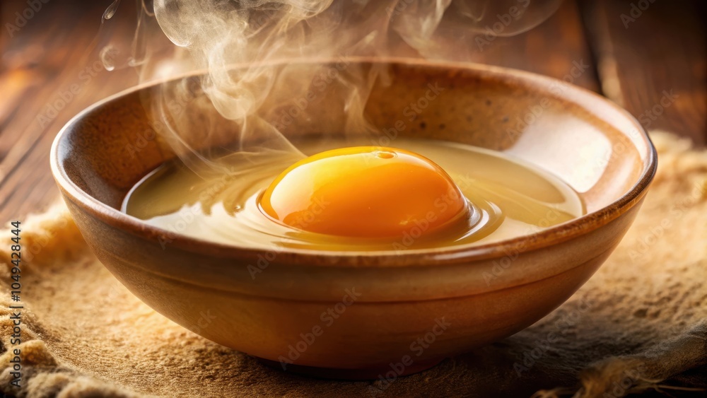 A single egg yolk floats in a bowl of hot water, steaming gently, ready for culinary creation. A single egg yolk floats in a bowl of hot water, steaming gently, ready for culinary creation.