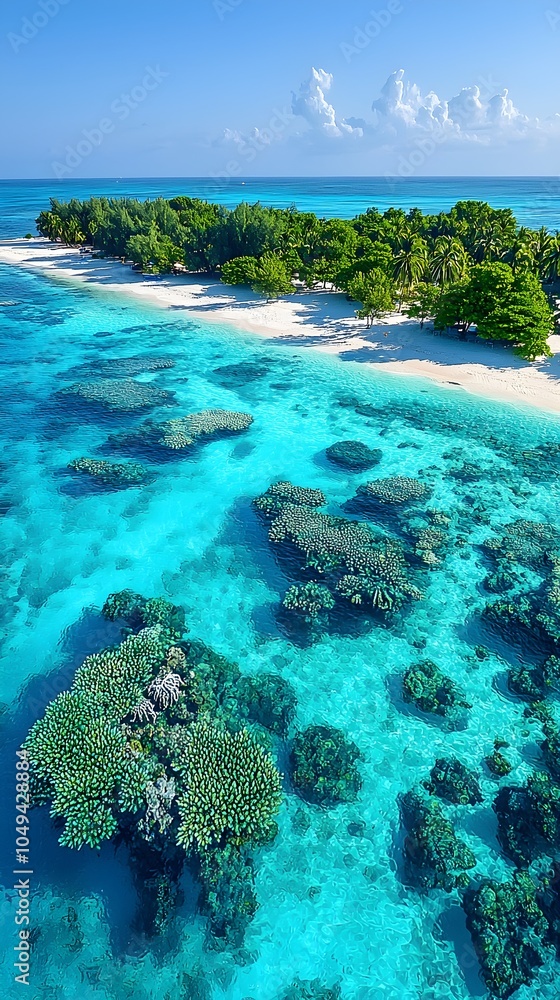 Fototapeta premium A breathtaking aerial view of a tropical paradise featuring turquoise waters, vibrant coral reefs, and lush green islands against a clear blue sky.