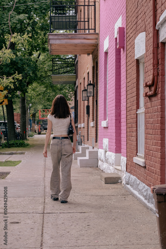 Woman from behind walking in a street, colorful houses. Montreal, Canada - 2nd April 2024 Woman from behind walking in a street, colorful houses. Montreal, Canada - 2nd April 2024