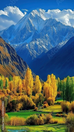 Experience the Breathtaking Views of Passu Cones and Snowcapped Mountains in Hunza Valley During Autumn. Generative AI photo