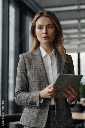 A woman in a business suit holding a tablet