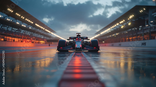 Race Car on Wet Track at Sunset.