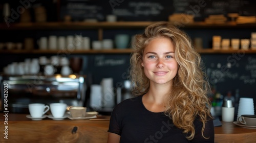 Blonde woman smiling at coffee shop.