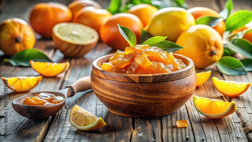 Homemade Citrus Marmalade in a Wooden Bowl with Freshly Sliced Oranges and Lemons on a Rustic Wooden Table Homemade Citrus Marmalade in a Wooden Bowl with Freshly Sliced Oranges and Lemons on a Rustic Wooden Table