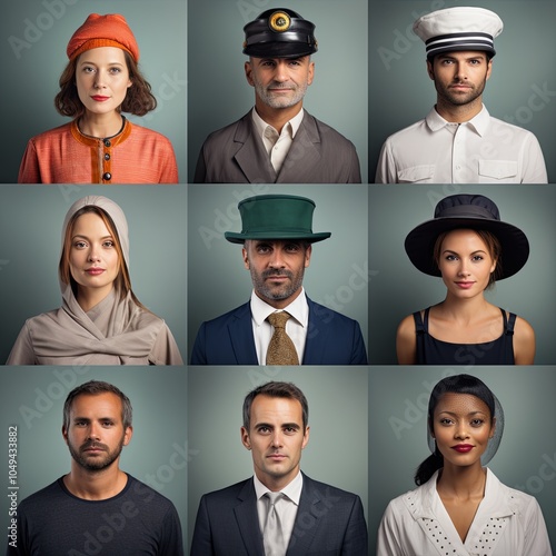 Portrait grid of people in diverse hats and attire on green background. Studio headshot photography with various styles. photo