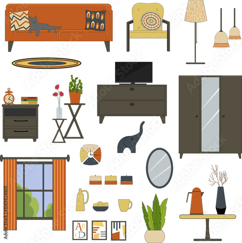 Furniture items for living room design. Modern interior. Sofa with a cat, wardrobe with mirror, cabinet and TV. Armchair and floor lamp. Figurines and paintings. Vector illustration