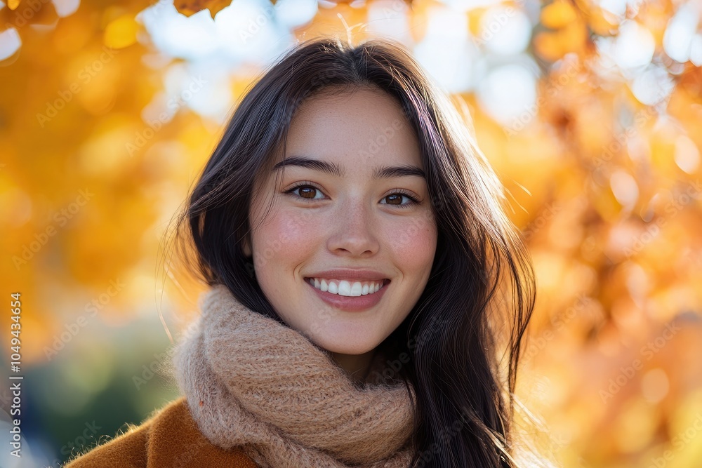 Portrait of a young woman in autumn in the park, dressed in a warm knitted hat with a scarf. A peaceful look into the distance. Portrait of a young woman in autumn in the park, dressed in a warm knitted hat with a scarf. A peaceful look into the distance.