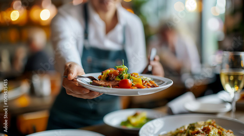 A waiter offers a colorful plate filled with fresh vegetables and protein to guests at an elegant dining establishment during the evening - Generative AI