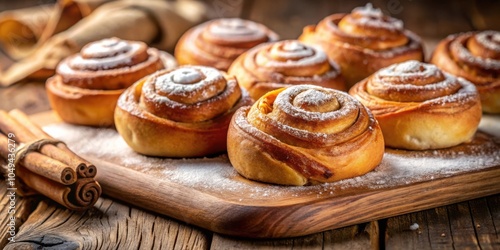 Wallpaper Mural Sweet Cinnamon Rolls with Powdered Sugar and Sticks of Cinnamon on a Rustic Wooden Board Torontodigital.ca