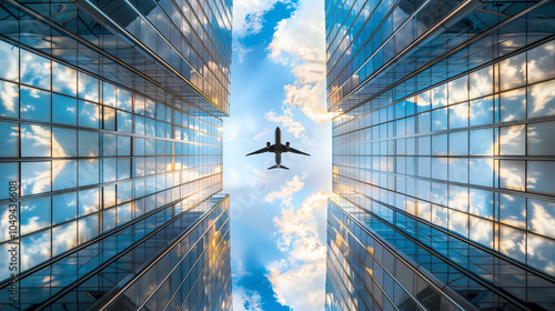 Airplane flying between reflective skyscrapers against blue sky symbolizing travel and urban architecture